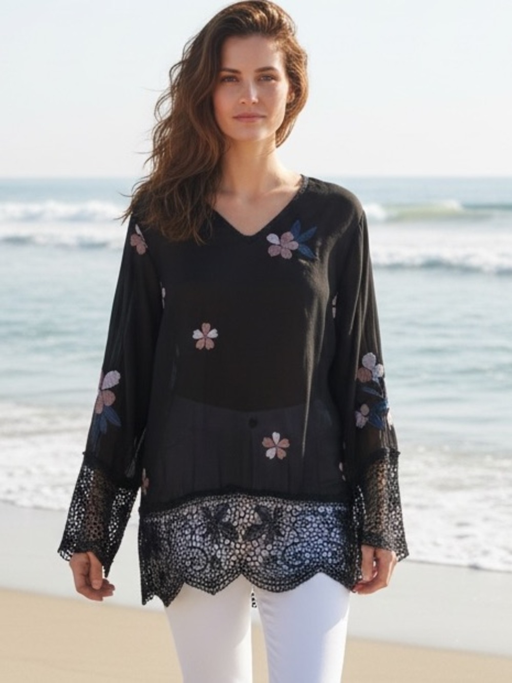 BOGO! Johnny Was Dhalia Georgette Black Lace Floral Embroidered Tunic Small